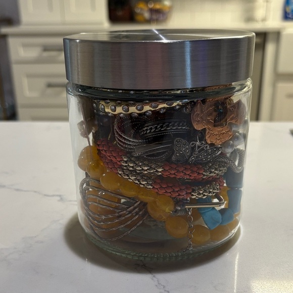 Jewelry - Assorted Jewelry in Glass Jar with Silver Lid
